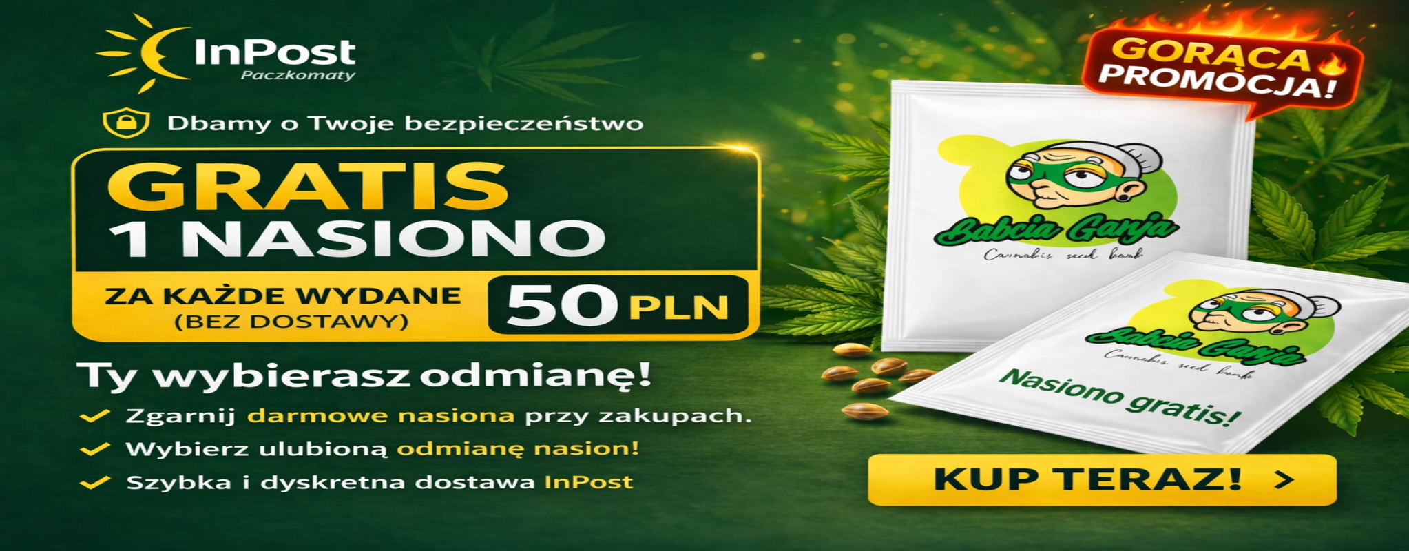 Oferta sklep - nasiona marihuany – jedno gratis za każde 50 zł, możliwość wyboru, dyskretna dostawa