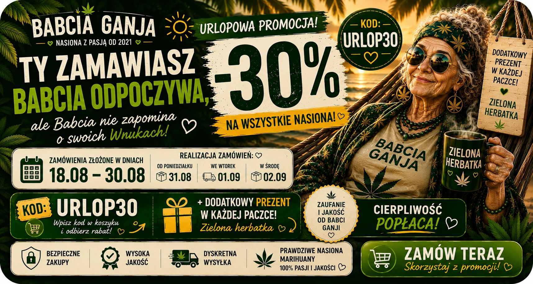 Babcia Ganja – urlopowa promocja -30% na nasiona z kodem URLOP30