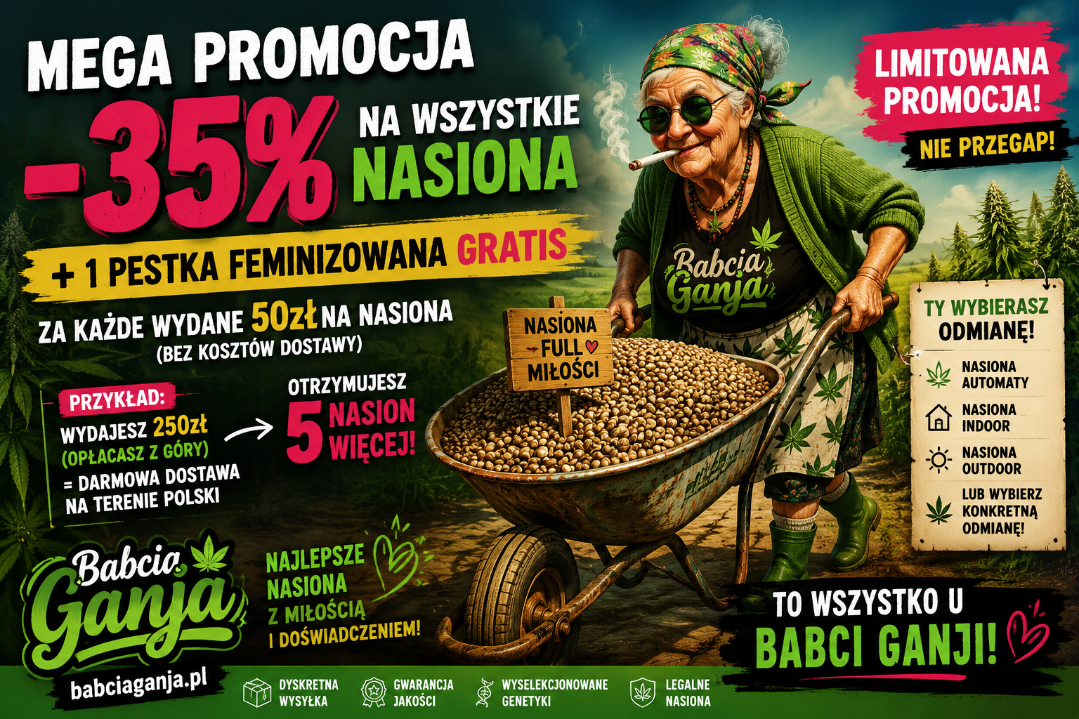 Uśmiechnięta Babcia Ganja pcha taczkę pełną nasion konopi. Baner reklamowy informujący o promocji -35% na nasiona marihuany oraz 1 nasionie feminizowanym gratis za każde wydane 50 zł.