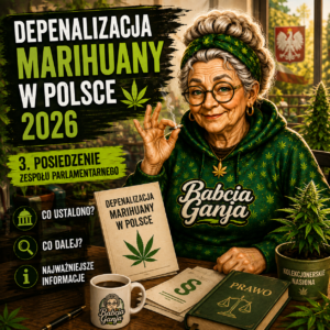Depenalizacja marihuany w Polsce 2026 – Babcia Ganja na tle symboli prawa i konopi
