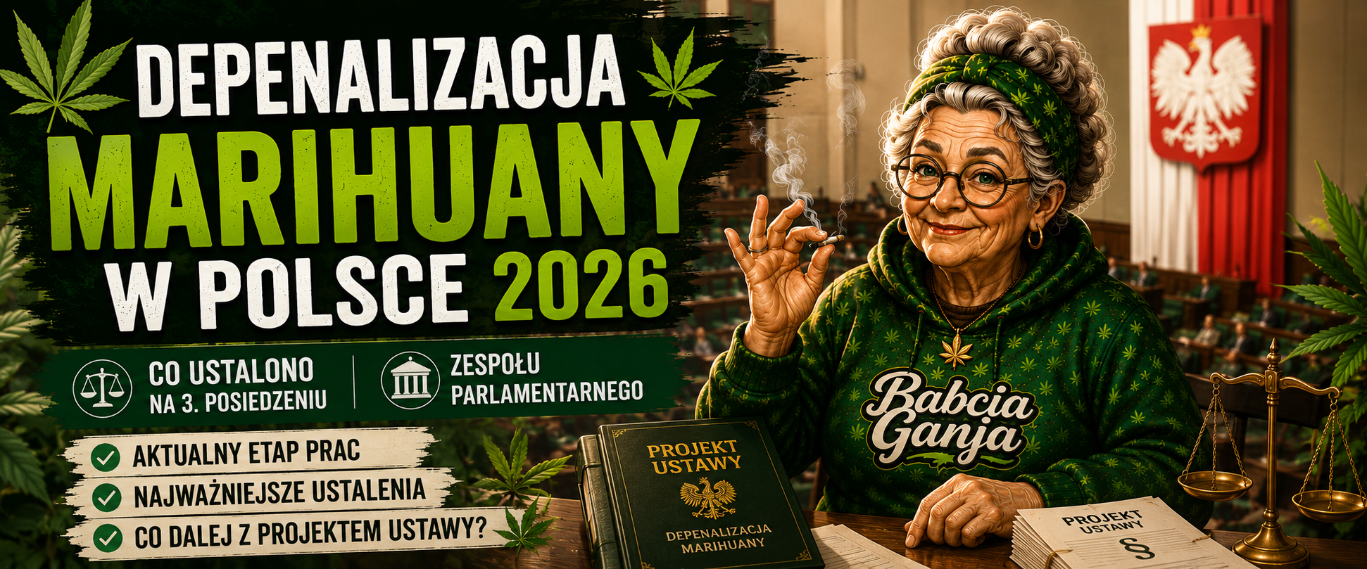 Depenalizacja marihuany w Polsce 2026 – Babcia Ganja na tle polskiego parlamentu i projektu ustawy
