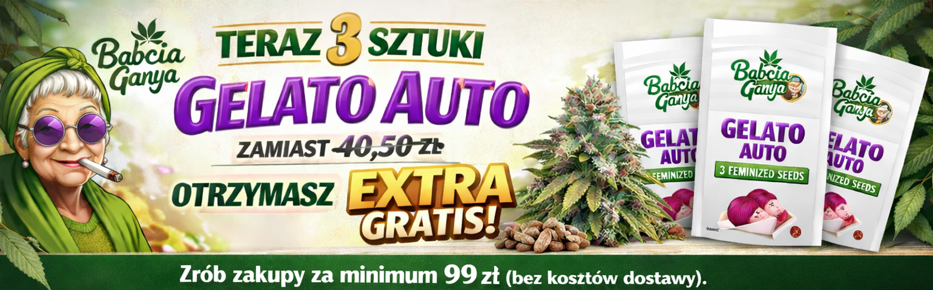 Baner sklepu BabciaGanja.pl z szerokim wyborem nasion marihuany wysokiej jakości