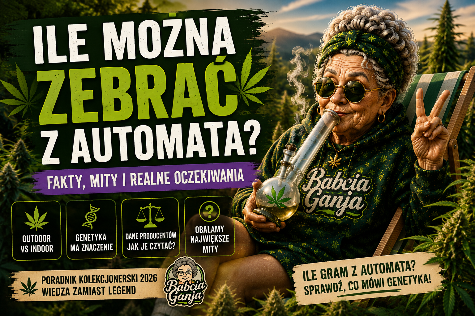 Ile można zebrać z automata – Babcia Ganja z bongo na tle roślin konopi