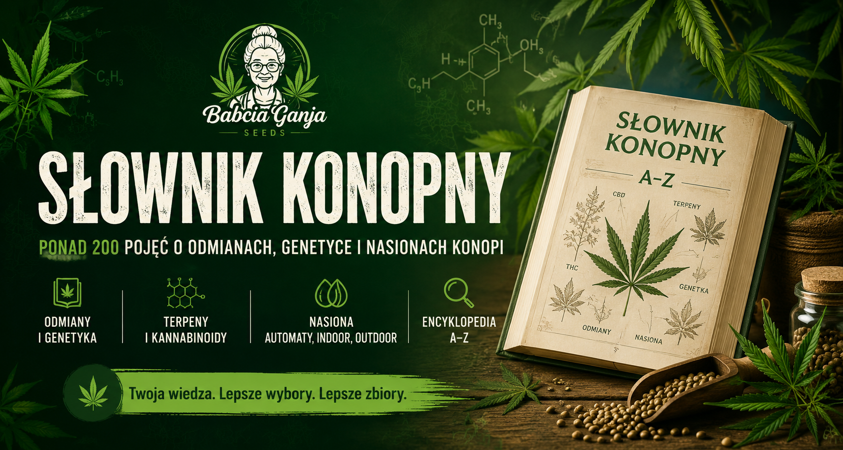Słownik konopny A–Z Babcia Ganja – ponad 200 pojęć o genetyce, odmianach i nasionach marihuany