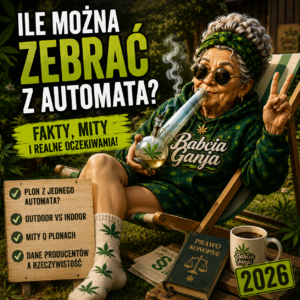 Ile można zebrać z automata – Babcia Ganja z bongo na tle konopi