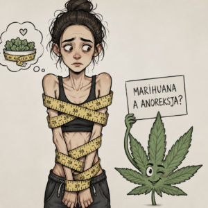 Ilustracja przedstawiająca osobę owiniętą miarą krawiecką jako symbol anoreksji oraz liść konopi nawiązujący do tematu medycznej marihuany i apetytu.