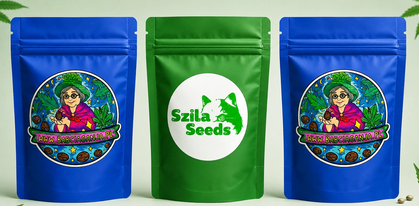 Dwie niebieskie saszetki Babcia Ganja Seeds i zielona saszetka Szila Seeds