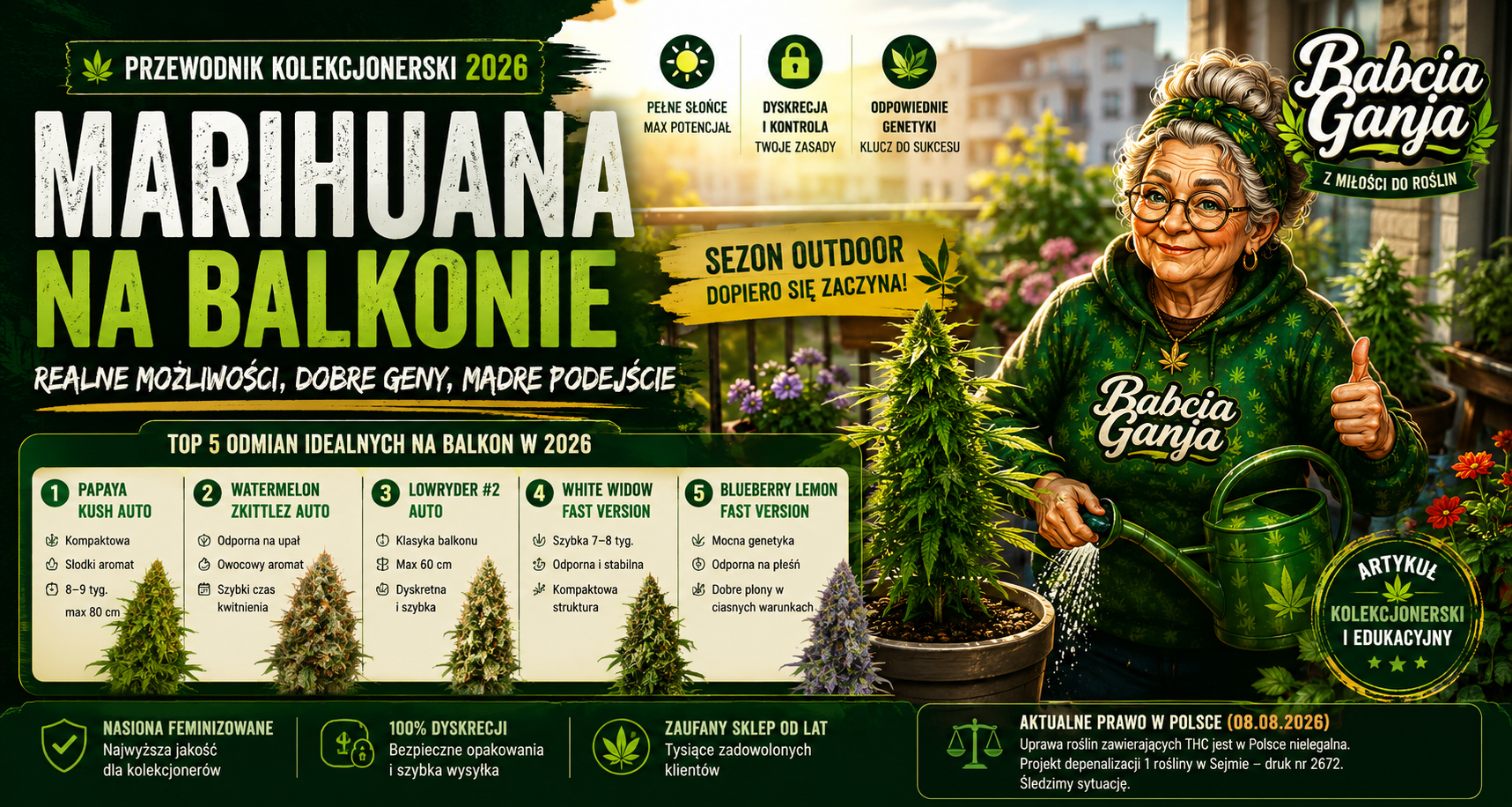 Marihuana na balkonie 2026 – Babcia Ganja z kciukiem w górę wśród roślin konopi