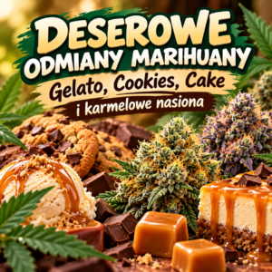 Deserowe odmiany marihuany – kwiaty konopi w otoczeniu lodów, ciastek, czekolady i karmelu